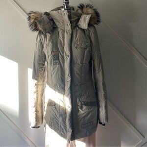Bogner Down Parka with Fur Hood  Taupe Beige Ski Resort Chic - XS